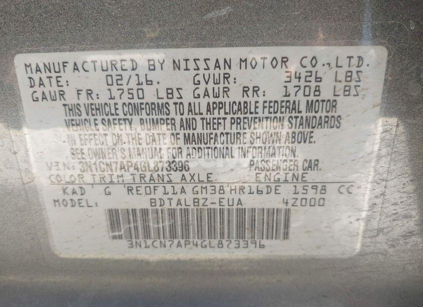 Photo 9 of 2016 Nissan Versa 1.6 SV (VIN 3N1CN7AP4GL873396)