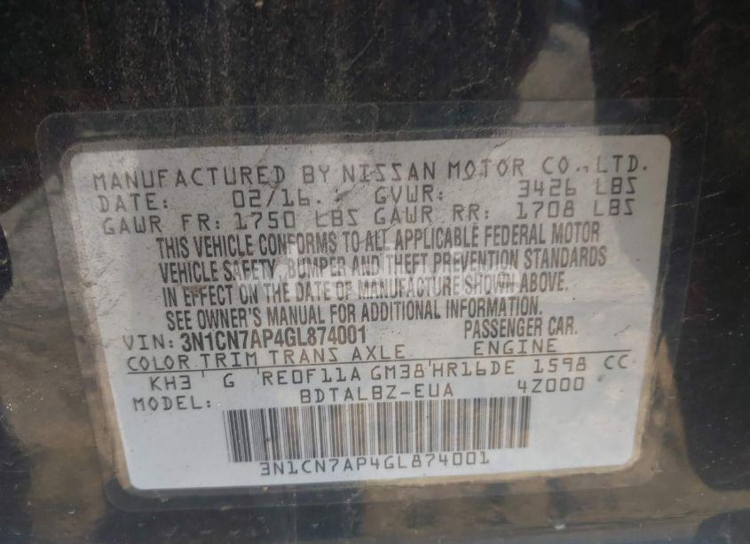 Photo 9 of 2016 Nissan Versa 1.6 SV (VIN 3N1CN7AP4GL874001)