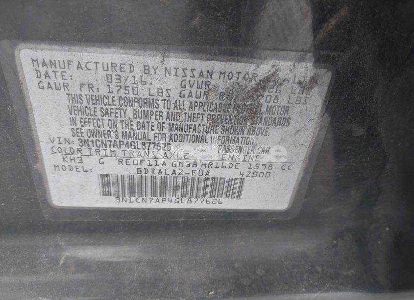 Photo 9 of 2016 Nissan Versa 1.6 S+ (VIN 3N1CN7AP4GL877626)