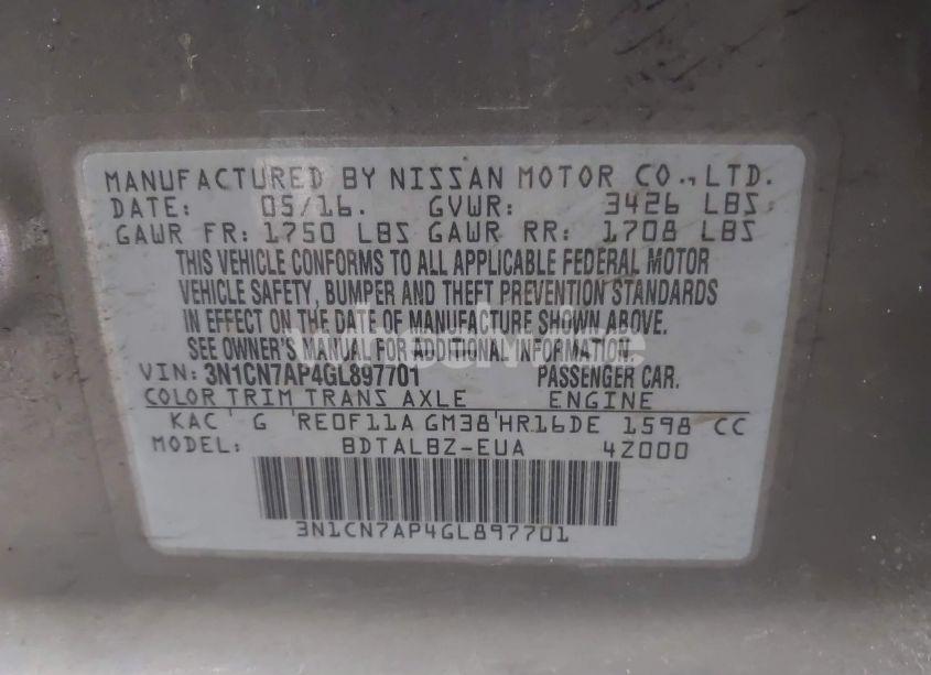 Photo 9 of 2016 Nissan Versa 1.6 SV (VIN 3N1CN7AP4GL897701)