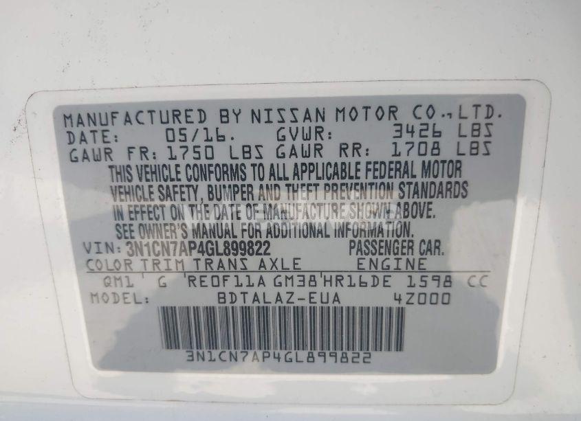 Photo 9 of 2016 Nissan Versa 1.6 S+ (VIN 3N1CN7AP4GL899822)