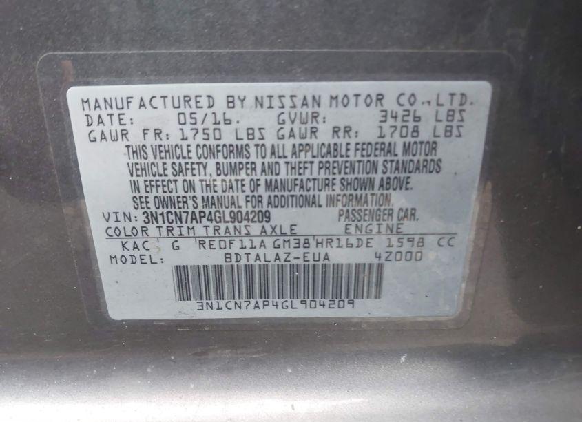 Photo 9 of 2016 Nissan Versa 1.6 S+ (VIN 3N1CN7AP4GL904209)