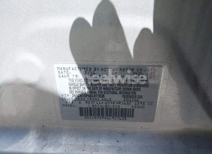 Photo 9 of 2016 Nissan Versa 1.6 SV (VIN 3N1CN7AP4GL917638)