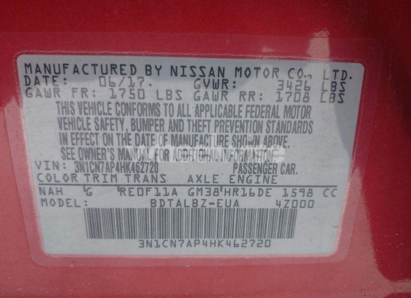 Photo 9 of 2017 Nissan Versa 1.6 SV (VIN 3N1CN7AP4HK462720)