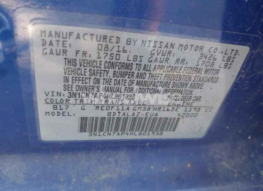 Photo 9 of 2017 Nissan Versa 1.6 S+ (VIN 3N1CN7AP4HL801938)