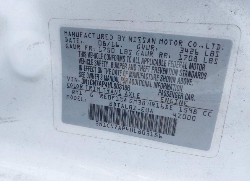 Photo 9 of 2017 Nissan Versa 1.6 S/1.6 S+/1.6 SL/1.6 SV (VIN 3N1CN7AP4HL803186)