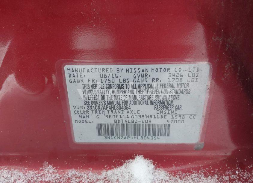 Photo 9 of 2017 Nissan Versa 1.6 SV (VIN 3N1CN7AP4HL804354)