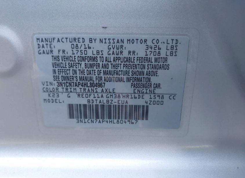 Photo 9 of 2017 Nissan Versa 1.6 SV (VIN 3N1CN7AP4HL804967)