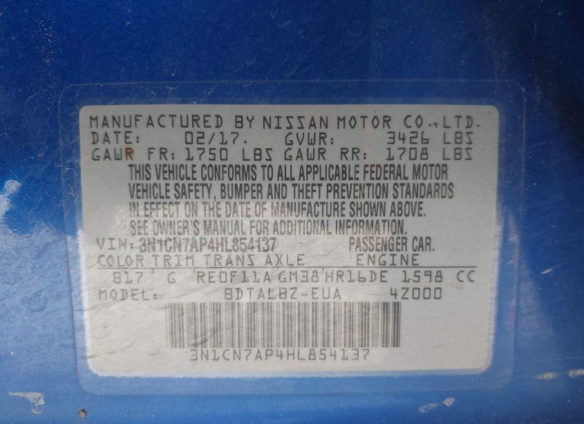 Photo 9 of 2017 Nissan Versa 1.6 SV (VIN 3N1CN7AP4HL854137)