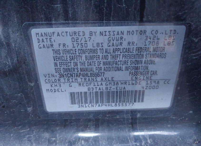 Photo 9 of 2017 Nissan Versa 1.6 SV (VIN 3N1CN7AP4HL855577)