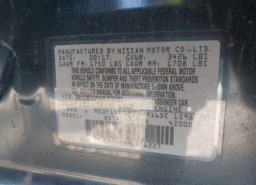 Photo 9 of 2017 Nissan Versa 1.6 S+ (VIN 3N1CN7AP4HL856227)