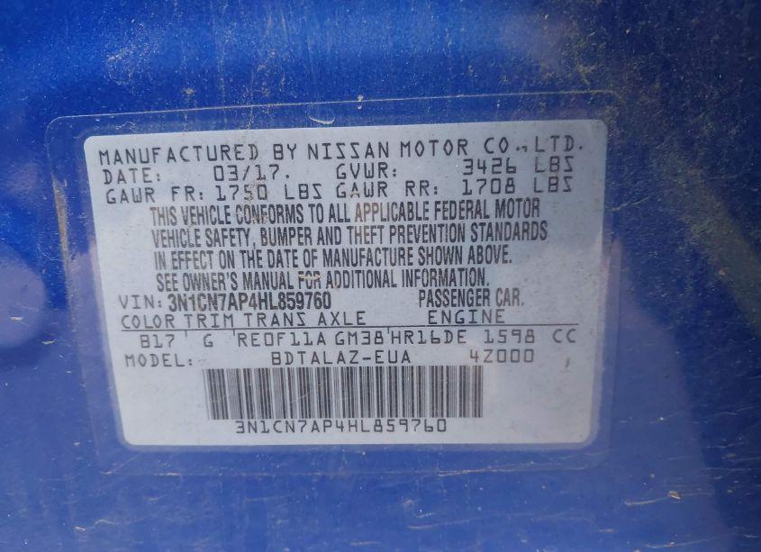 Photo 9 of 2017 Nissan Versa 1.6 S+ (VIN 3N1CN7AP4HL859760)