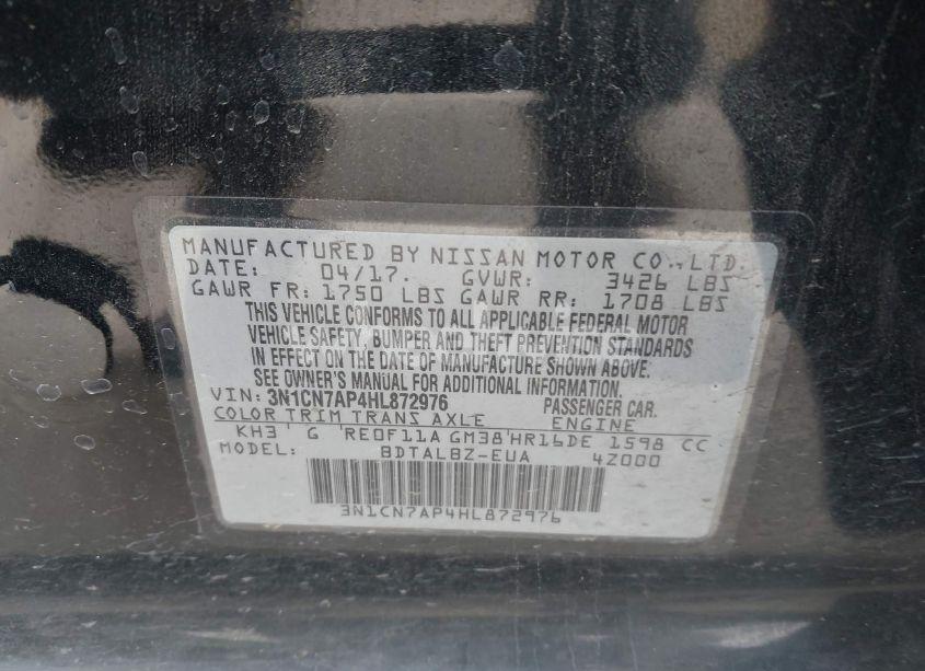 Photo 9 of 2017 Nissan Versa 1.6 SV (VIN 3N1CN7AP4HL872976)