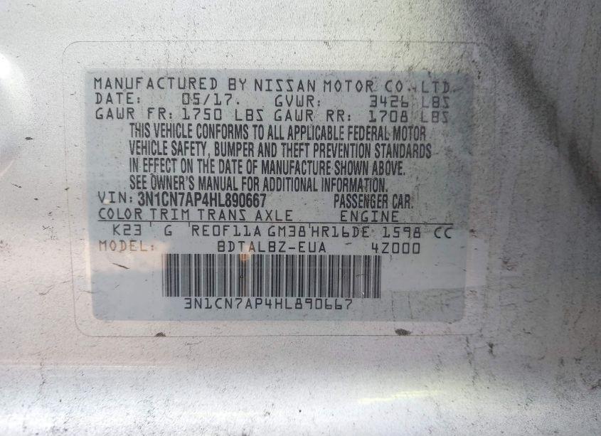 Photo 9 of 2017 Nissan Versa 1.6 SV (VIN 3N1CN7AP4HL890667)