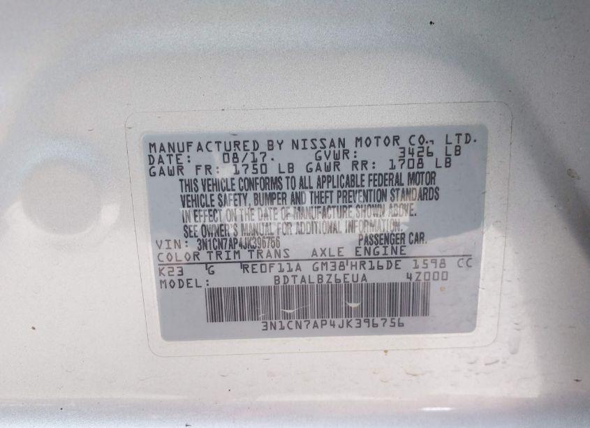 Photo 9 of 2018 Nissan Versa 1.6 SV (VIN 3N1CN7AP4JK396756)