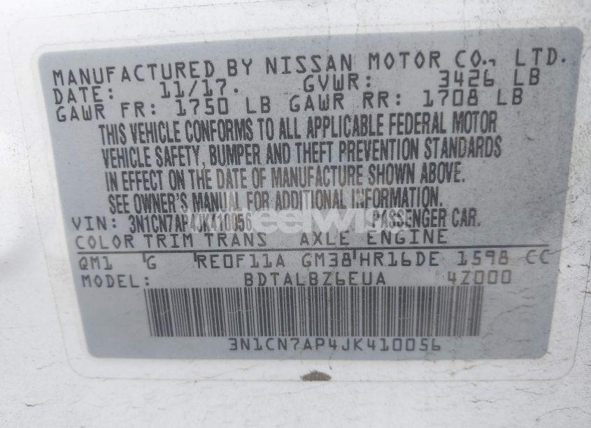 Photo 9 of 2018 Nissan Versa 1.6 SV (VIN 3N1CN7AP4JK410056)