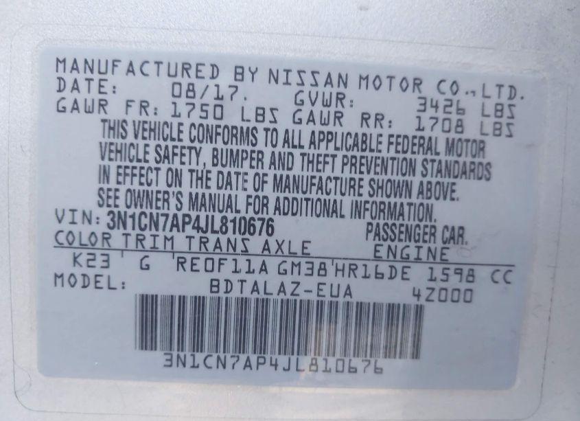 Photo 9 of 2018 Nissan Versa 1.6 S+ (VIN 3N1CN7AP4JL810676)