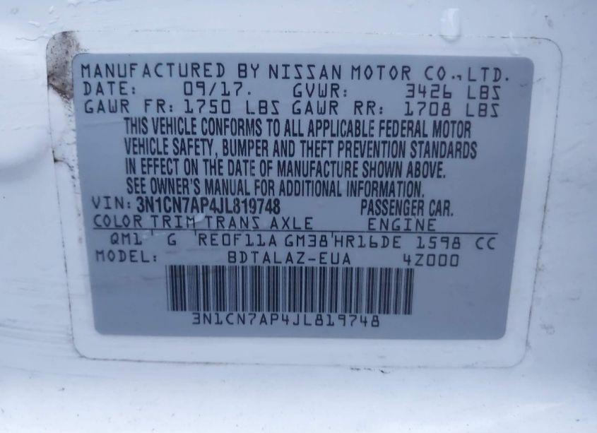 Photo 9 of 2018 Nissan Versa 1.6 S+ (VIN 3N1CN7AP4JL819748)