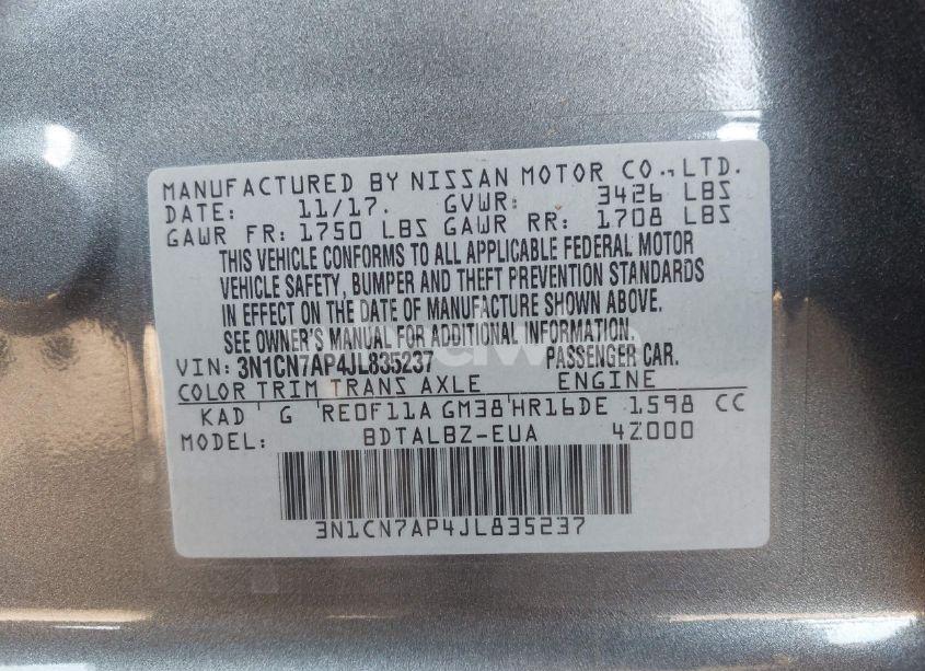 Photo 9 of 2018 Nissan Versa 1.6 SV (VIN 3N1CN7AP4JL835237)