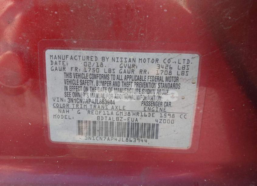 Photo 9 of 2018 Nissan Versa 1.6 SV (VIN 3N1CN7AP4JL863944)