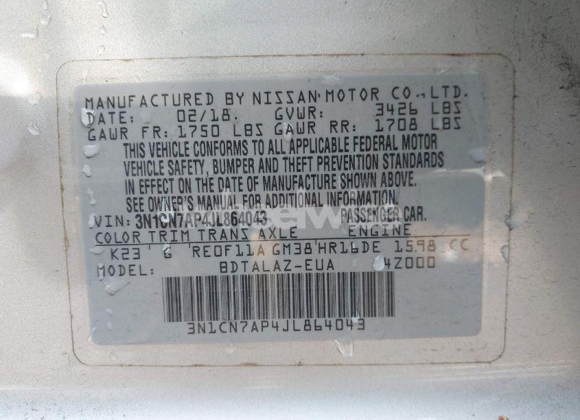 Photo 9 of 2018 Nissan Versa 1.6 S+ (VIN 3N1CN7AP4JL864043)