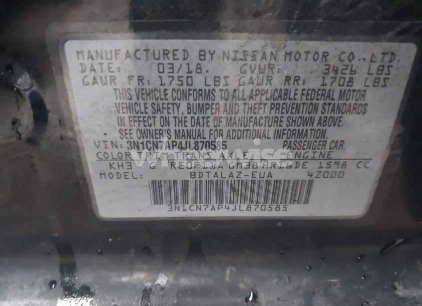 Photo 9 of 2018 Nissan Versa 1.6 S+ (VIN 3N1CN7AP4JL870585)