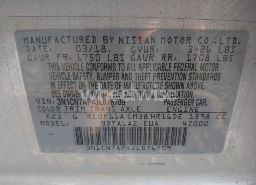 Photo 9 of 2018 Nissan Versa 1.6 S+ (VIN 3N1CN7AP4JL876709)