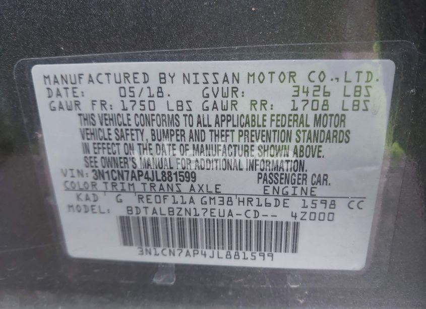 Photo 9 of 2018 Nissan Versa 1.6 SV (VIN 3N1CN7AP4JL881599)