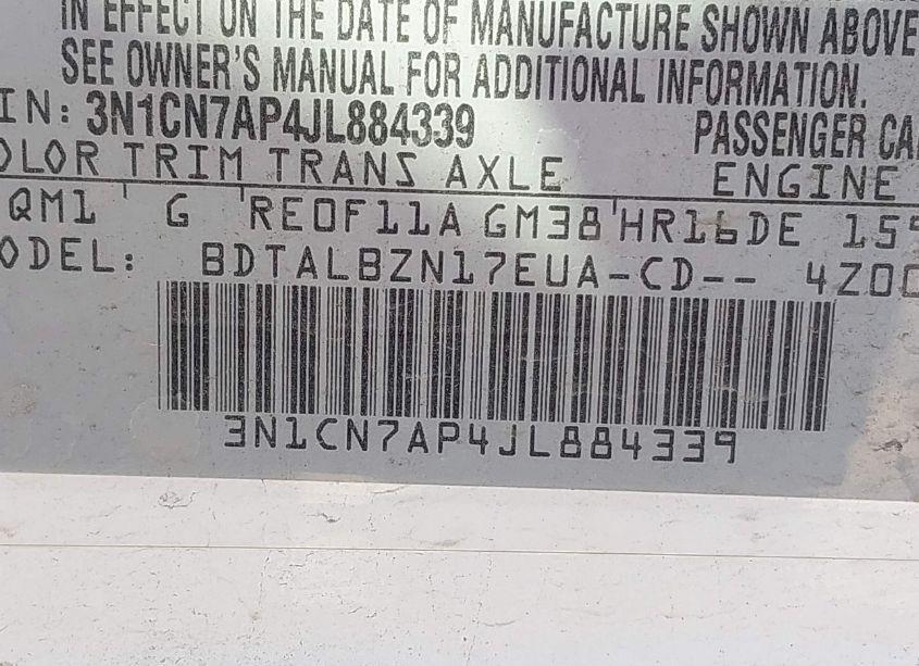 Photo 9 of 2018 Nissan Versa 1.6 SV (VIN 3N1CN7AP4JL884339)