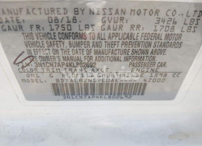 Photo 9 of 2019 Nissan Versa 1.6 SV (VIN 3N1CN7AP4KL802692)