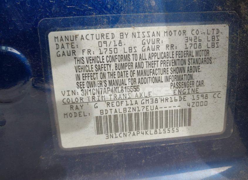 Photo 9 of 2019 Nissan Versa 1.6 SV (VIN 3N1CN7AP4KL815555)