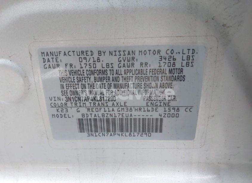 Photo 9 of 2019 Nissan Versa 1.6 SV (VIN 3N1CN7AP4KL817290)