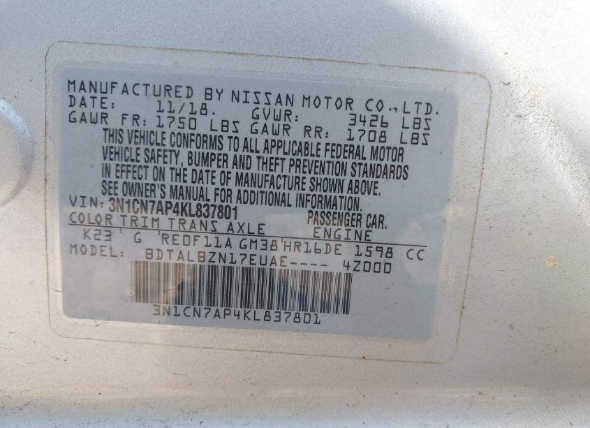 Photo 9 of 2019 Nissan Versa 1.6 SV (VIN 3N1CN7AP4KL837801)