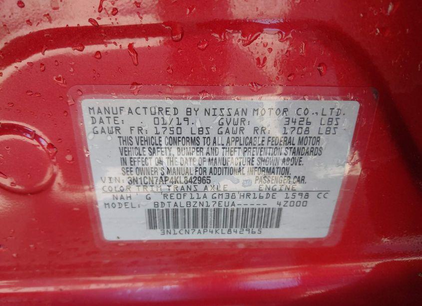 Photo 9 of 2019 Nissan Versa 1.6 SV (VIN 3N1CN7AP4KL842965)