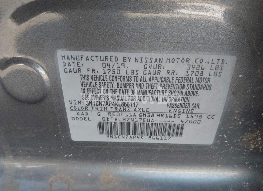 Photo 9 of 2019 Nissan Versa 1.6 SV (VIN 3N1CN7AP4KL866117)