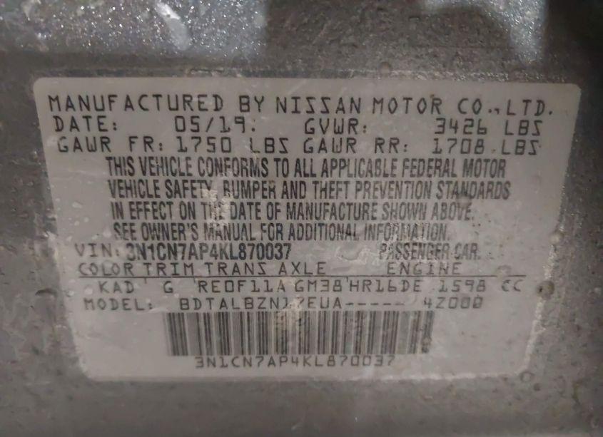 Photo 9 of 2019 Nissan Versa 1.6 SV (VIN 3N1CN7AP4KL870037)