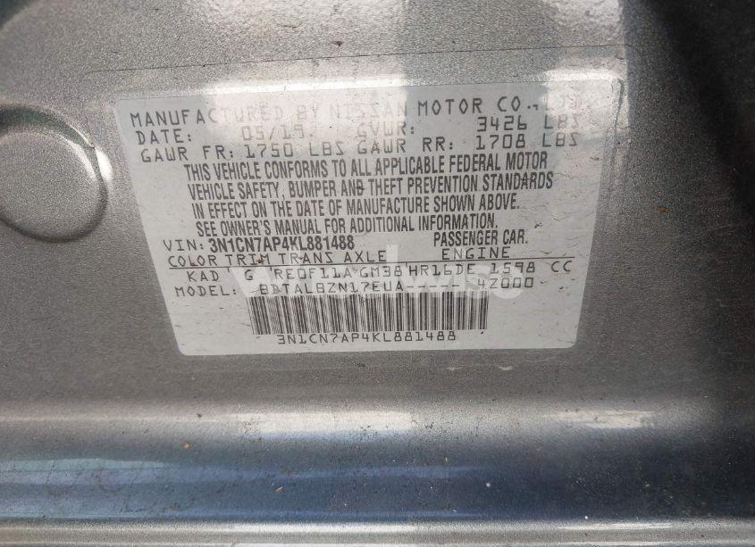 Photo 9 of 2019 Nissan Versa 1.6 SV (VIN 3N1CN7AP4KL881488)