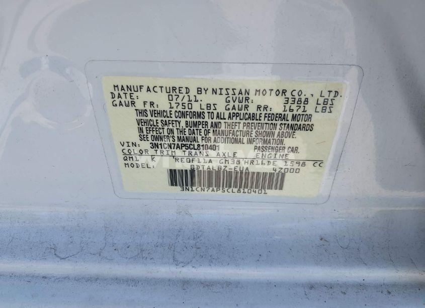 Photo 9 of 2012 Nissan Versa 1.6 SV (VIN 3N1CN7AP5CL810401)