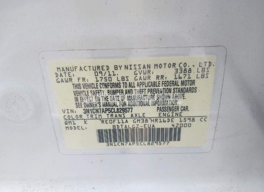 Photo 9 of 2012 Nissan Versa 1.6 SL (VIN 3N1CN7AP5CL829577)