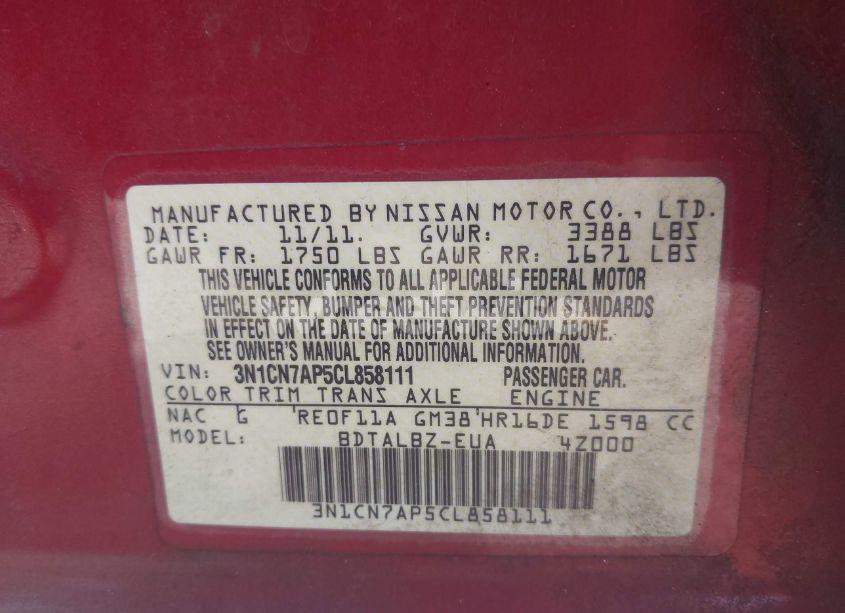 Photo 9 of 2012 Nissan Versa 1.6 SV (VIN 3N1CN7AP5CL858111)