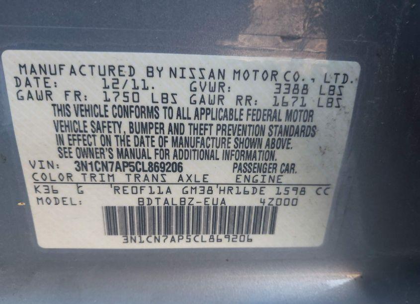 Photo 9 of 2012 Nissan Versa 1.6 SV (VIN 3N1CN7AP5CL869206)