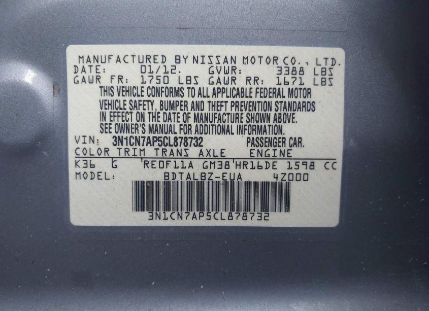 Photo 9 of 2012 Nissan Versa 1.6 SV (VIN 3N1CN7AP5CL878732)