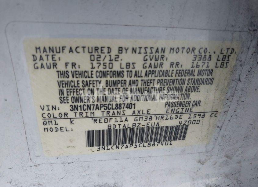 Photo 9 of 2012 Nissan Versa 1.6 SV (VIN 3N1CN7AP5CL887401)