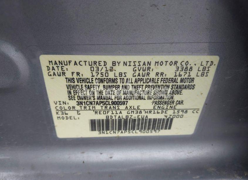 Photo 9 of 2012 Nissan Versa 1.6 SV (VIN 3N1CN7AP5CL900597)