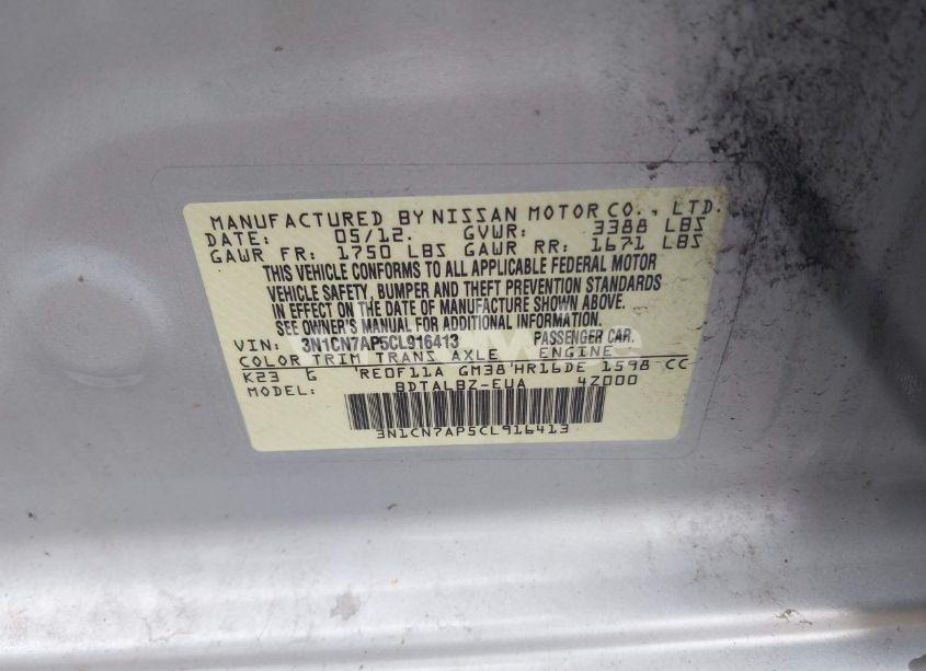 Photo 9 of 2012 Nissan Versa 1.6 SV (VIN 3N1CN7AP5CL916413)