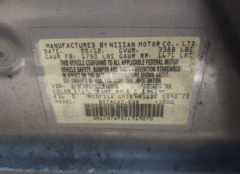 Photo 9 of 2012 Nissan Versa 1.6 S (VIN 3N1CN7AP5CL919070)