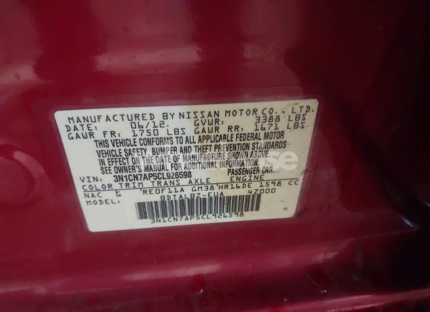 Photo 9 of 2012 Nissan Versa 1.6 SV (VIN 3N1CN7AP5CL926598)