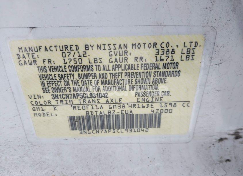 Photo 9 of 2012 Nissan Versa 1.6 SV (VIN 3N1CN7AP5CL931042)