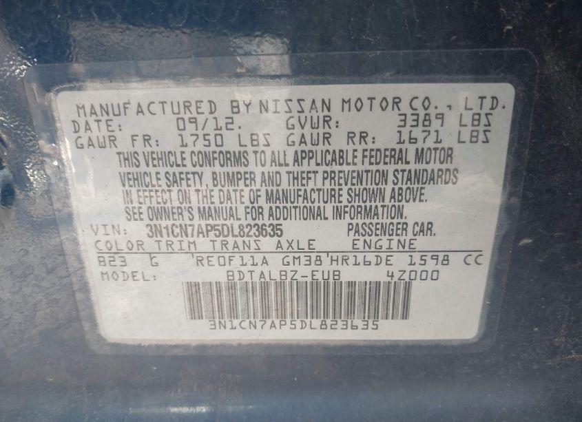 Photo 9 of 2013 Nissan Versa 1.6 SV (VIN 3N1CN7AP5DL823635)