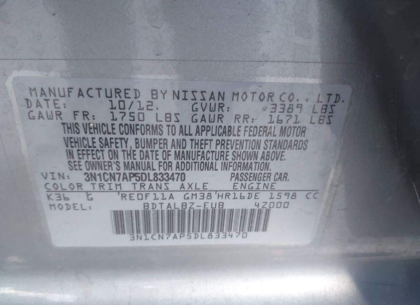 Photo 9 of 2013 Nissan Versa 1.6 SV (VIN 3N1CN7AP5DL833470)